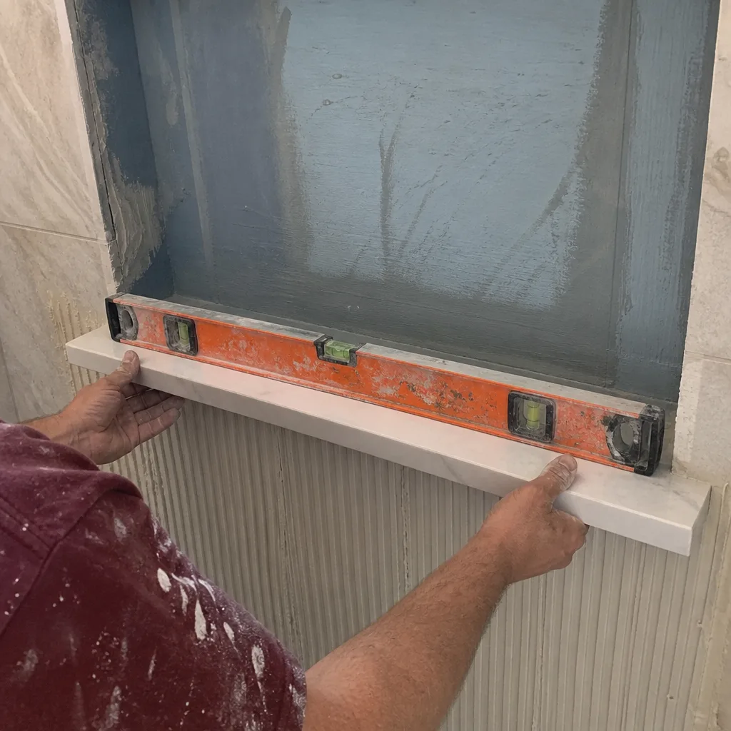 Contractor installing marble sill in a tiled shower niche