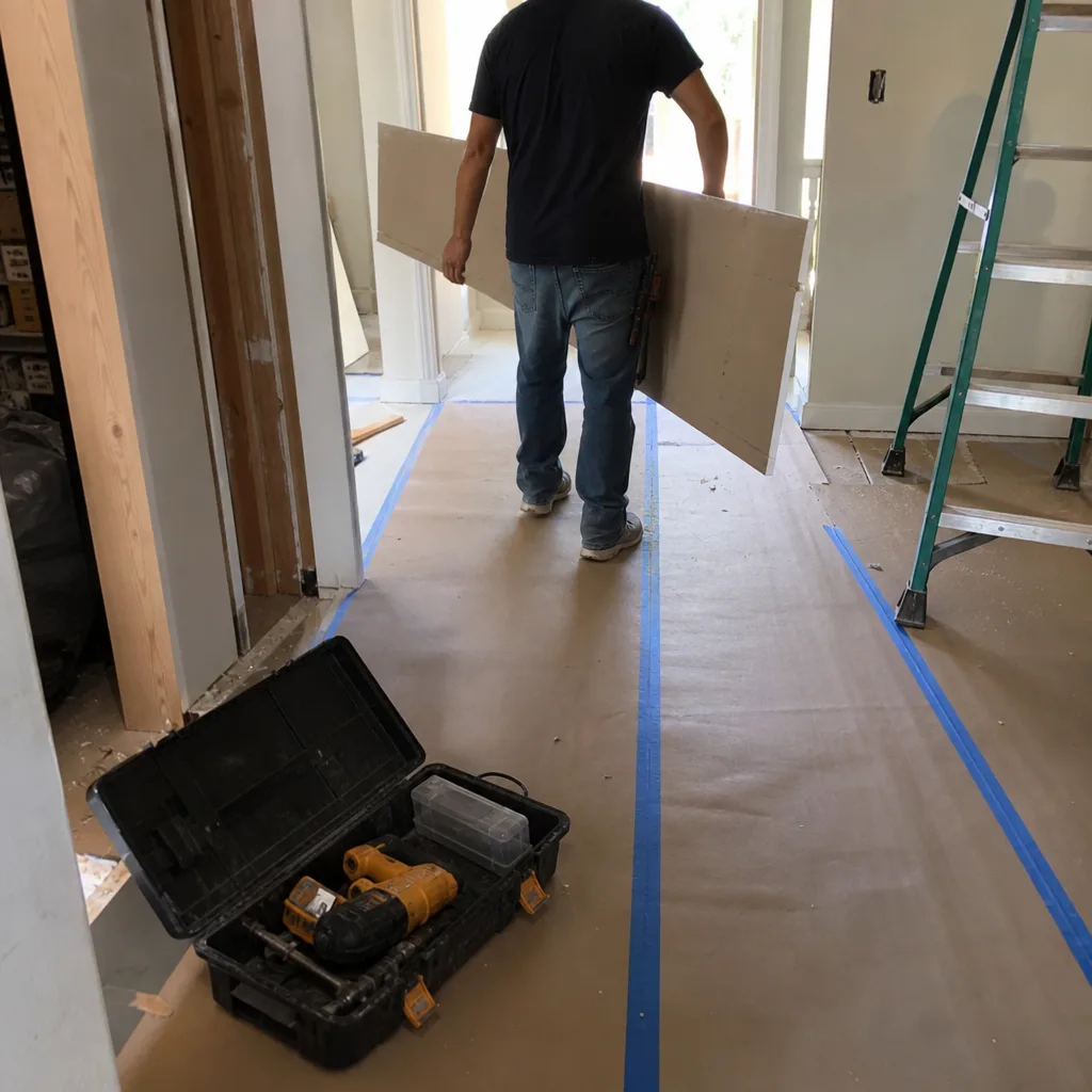 General contractor carrying drywall in a residential construction project