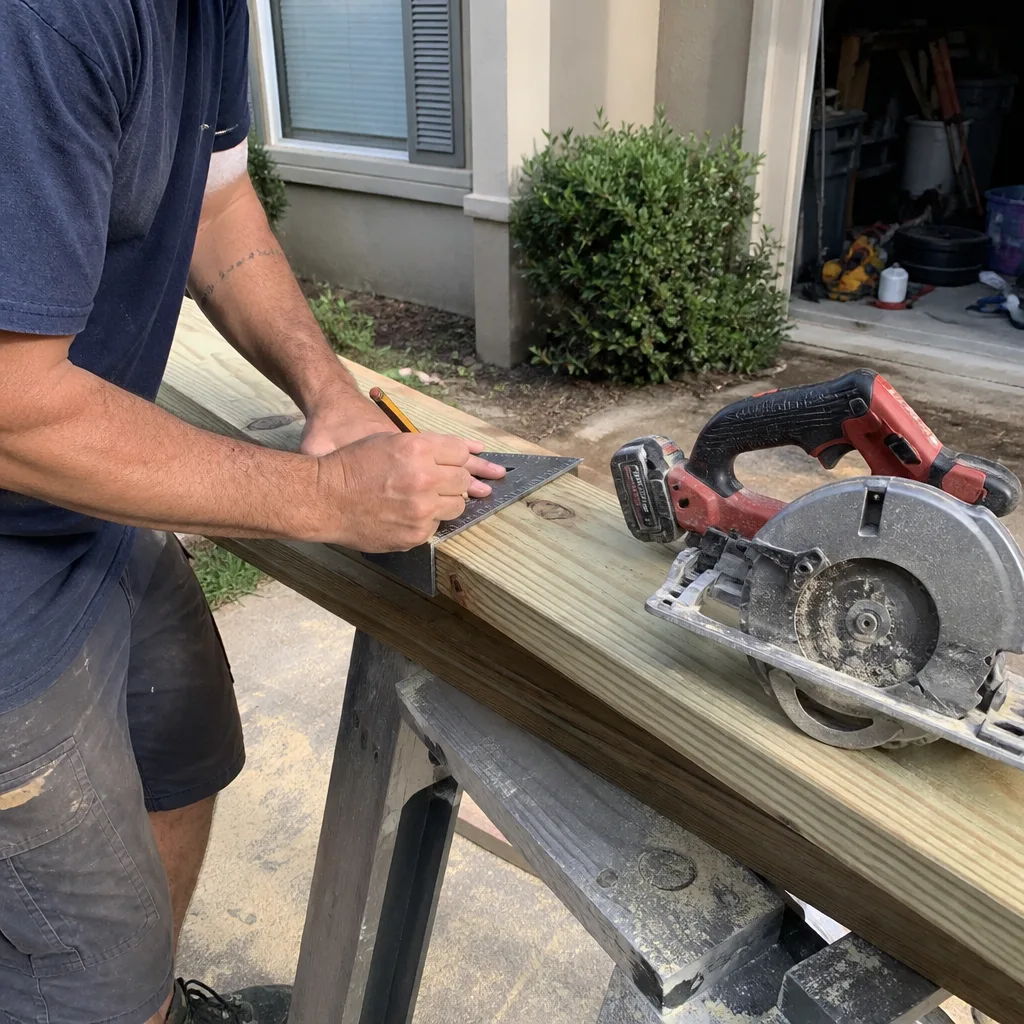 Contractor marking lumber with a speed square for home renovation project
