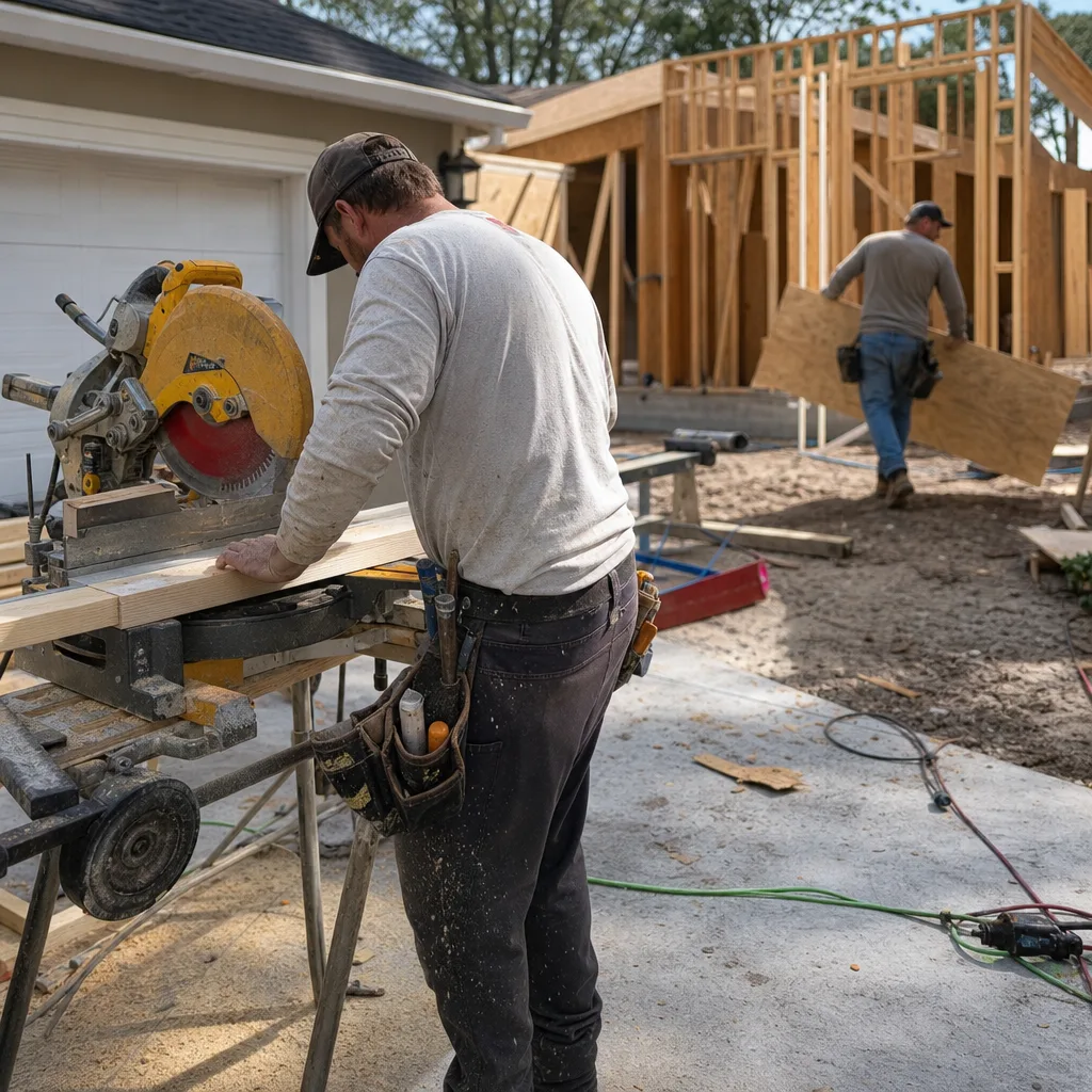 Construction worker cutting lumber with a miter saw on a job site.