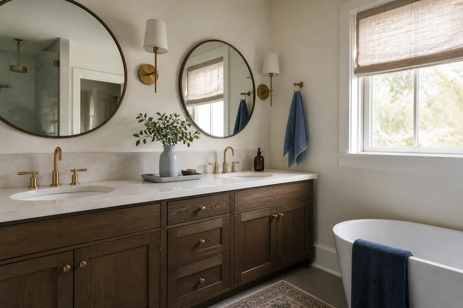 A wood double vanity with two mirrors after a bathroom remodel